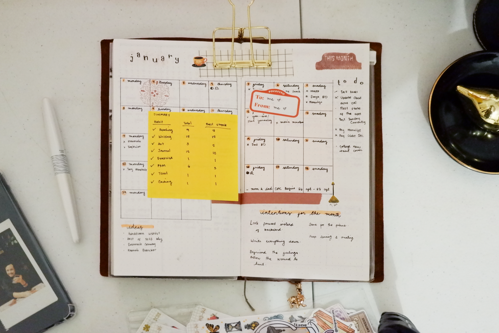 Flatlay image of an journal open to a January 2024 calendar spread. The notebook is beside a decorative black plate to the right, a sticker pile below, a fountain pen and a facedown phone to the left.